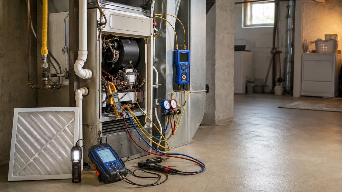 Technician recording static pressure and electrical readings on a clipboard during a professional HVAC tune-up in a Greater Boston basement