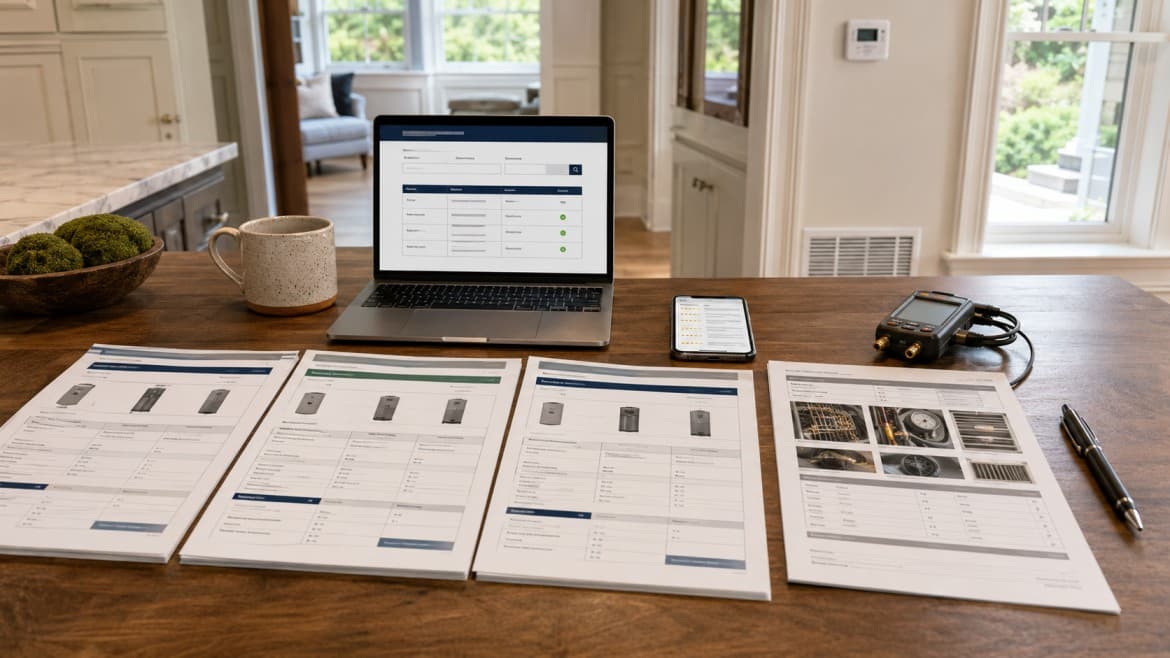 Boston homeowner reviewing a written HVAC diagnosis and photo documentation with a technician at the kitchen counter