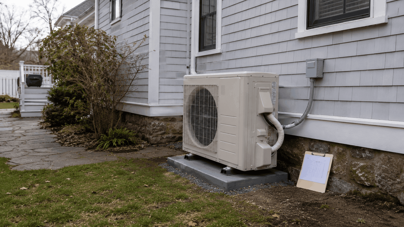 Mass Save rebate documentation beside a qualifying cold-climate heat pump installation at a Greater Boston home