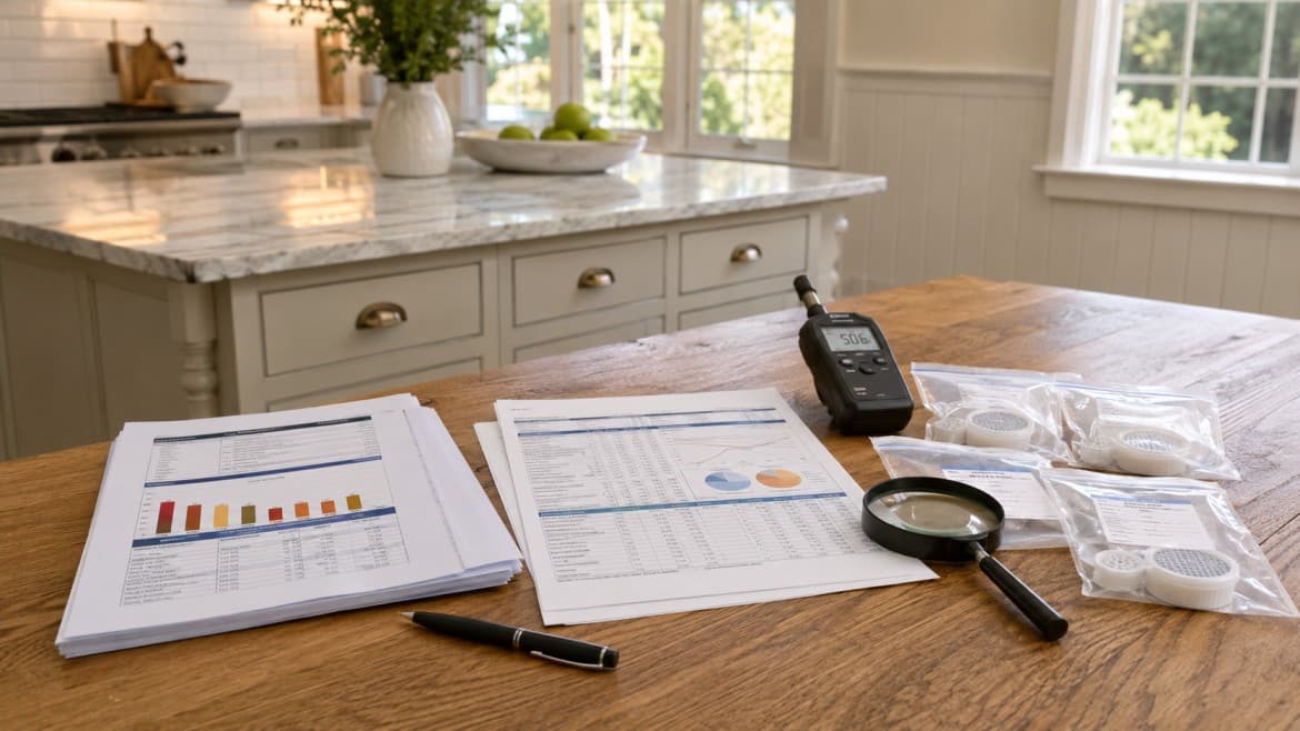 Homeowner reviewing a mold air sample lab report comparing indoor and outdoor spore counts at a Greater Boston kitchen table