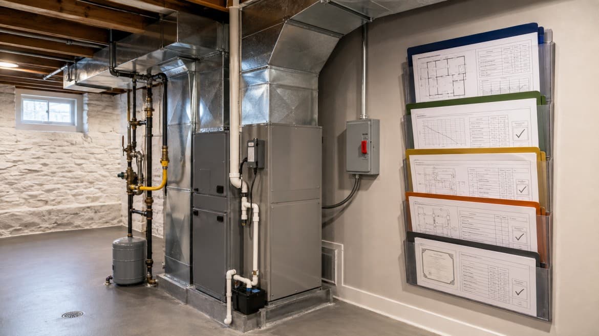 Massachusetts trade permit documents for a heat pump installation reviewed at a Greater Boston building department counter